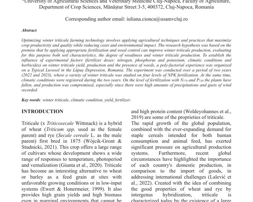 Optimizing fertilization and crop management for triticale in the Lăpuș depression, Romania